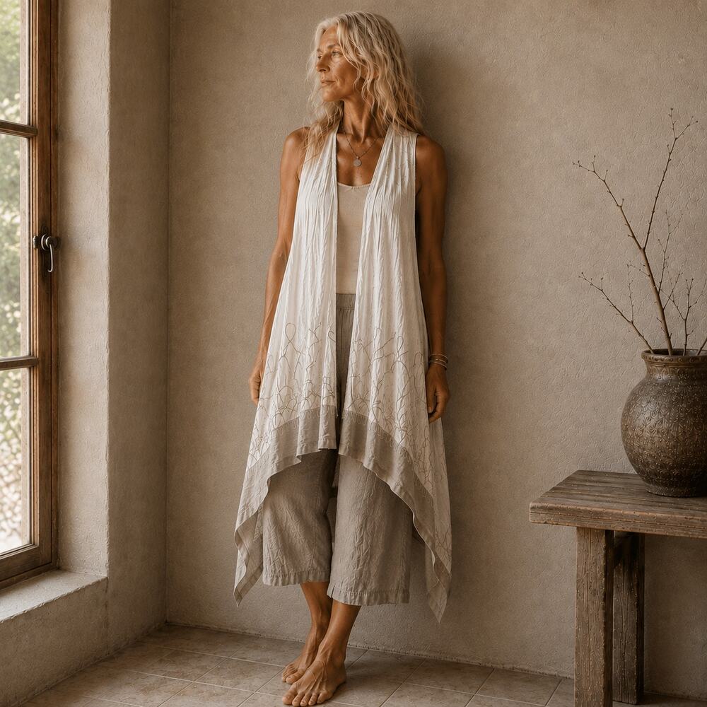 TARA VAO Ivory Duster Top Lagenlook Open Front Embroidered Handkerchief Boho OS